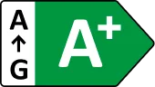 Grønt, avlangt merke med stor hvit A+ til høyre; venstre lys stripe viser bokstavene A og G med en oppoverpil mellom dem.